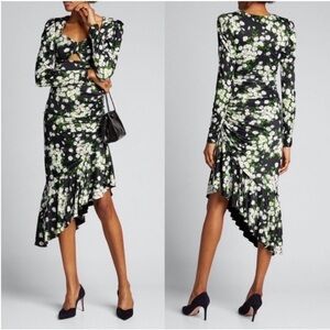 MICHAEL KORS COLLECTION Black Floral Asymmetrical Midi Dress | Ruched Fit Sz 10